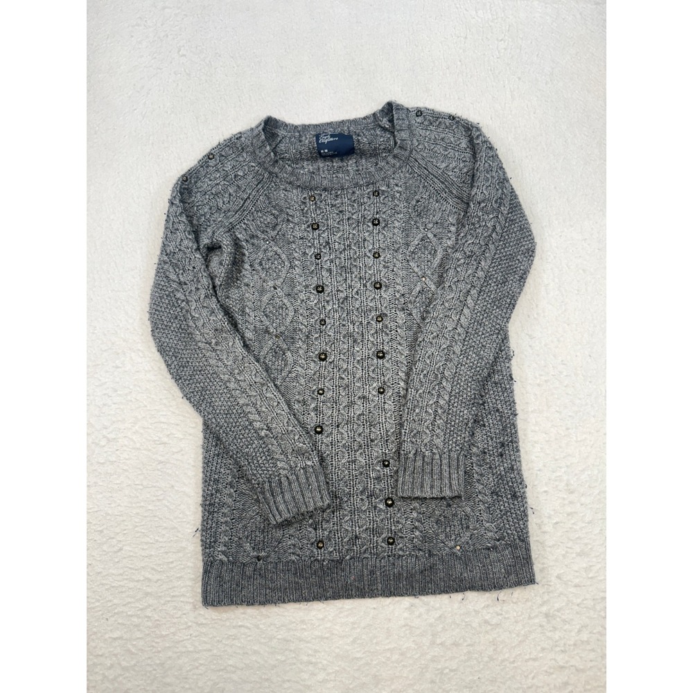 American Eagle Gray Cable Knit Button Detail Crew Neck Sweater Womens Medium